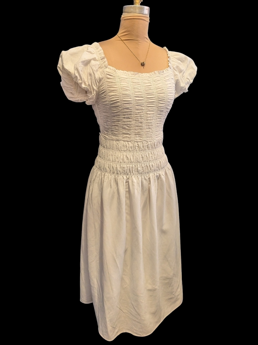 NWT "MALTA" Dress By KOURT. Smocked Puff-Sleeve White Midi Dress XS - Picture 6 of 7